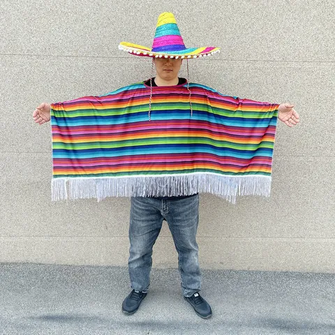 Adult Mexican Striped Cloak And Colorful Straw Hat Halloween Cosplay Costume Traditional Party Poncho Outfit
