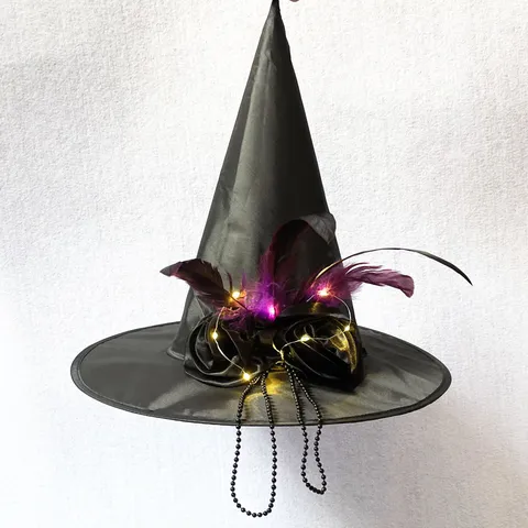 Cappello da Mago LED di Halloween Cappello da Strega Nero Con Rose Piume Catena di Perline Gotico Festa di Magia Cappello
