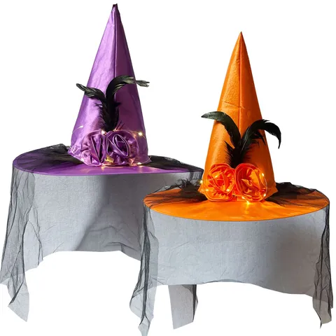Cappello da Strega Luminoso di Halloween Misterioso Cappello da Mago in Tessuto con Rosa e Piume e Velo a Rete per Festa Donna Oggetti di Scena