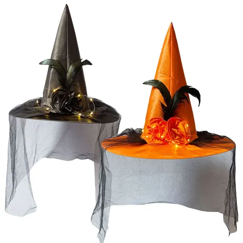 Cappello da Strega Luminoso di Halloween Misterioso Cappello da Mago in Tessuto con Rosa e Piume e Velo a Rete per Festa Donna Oggetti di Scena