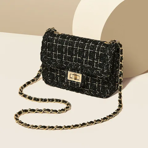 Borsa a Tracolla in Tweed Tessuto Per Donna Lussuosa Piccola Borsa a Spalla Quadrata Con Catena in Metallo Chiusura a Blocco Borsa da Designer Quotidiana