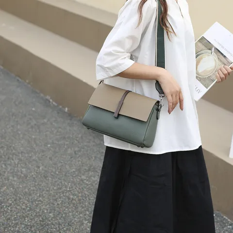 Donna Vera Pelle Borsa a Tracolla Color Block Casual Borsa a Spalla Elegante Borsa Multi-Scomparto