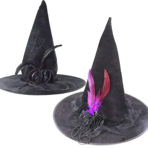 Cappello da Strega Mago di Halloween in Velluto Con Rosa Piuma Catena Accessori per Travestimento da Maga Gotica Copricapo per Spettacolo