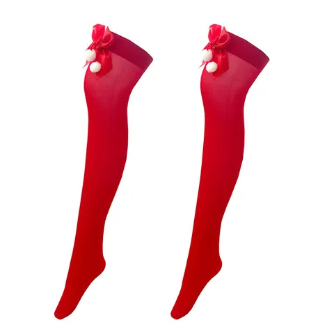 Festliche Weihnachts Kniestrümpfe Mit Schleife Pompom Rote Overknee Socken Für Kostüm Party Deko Damen Bekleidungszubehör
