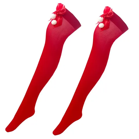 Festliche Weihnachts Kniestrümpfe Mit Schleife Pompom Rote Overknee Socken Für Kostüm Party Deko Damen Bekleidungszubehör