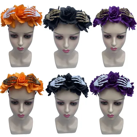 Gothic Halloween Rose Flower Ghost Claw Headband Horror Party Costume Headpiece Artificial Flower Skeleton Hand Hair Hoop