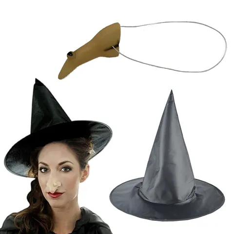Chapeau De Sorcière Halloween Casquette De Sorcier En Vinyle Long Nez De Sorcière Accessoires De Costume De Cosplay