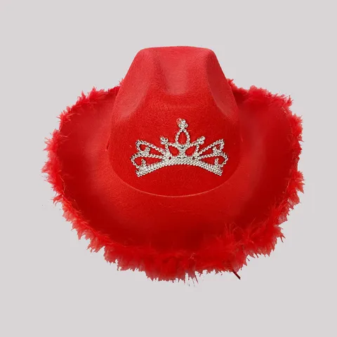 Western Cowboy Hat Halloween Party Rhinestone Crown Feather Trim Cowgirl Jazz Hat For Women Masquerade Costume Accessory