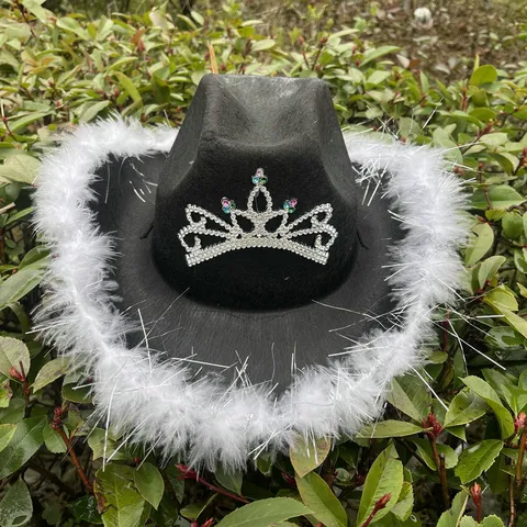 Western Cowboy Hat For Women With Rhinestone Crown Feather Trim Spice Girl Style Cowgirl Hat For Party Carnival Ball Headwear