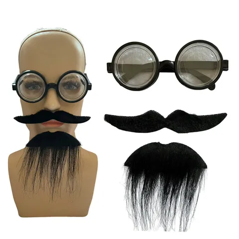 Divertenti Accessori per Costumi di Halloween Occhiali Tondi Neri Baffi Finti in Sintetico Barba per Festa Cosplay Mascherata