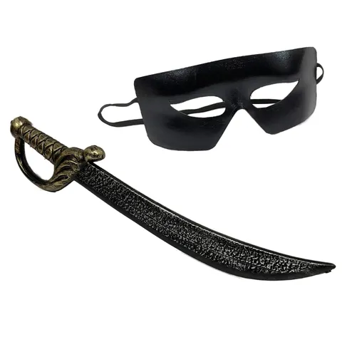 Accesorios para Disfraces de Mascarada de Halloween Espada de Juguete de Plástico y Máscara Negra de Media Cara Set Retro Zorro Héroe Cosplay Fiesta