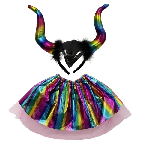 Colorful Devil Horn Headband And Metallic Tutu Skirt Set For Kids Halloween Party Costume Performance Decoration