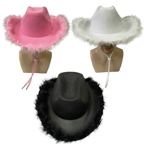 Western Cowboy Hat With Feather Trim Styled Party Hat For Stage Performance Bachelorette Carnival Festival Unisex Costume Accessory