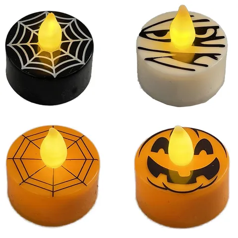 Halloween Plastic LED Tealight Candles Flame Ties Spider Web Pumpkin Face Mummy Cylinder Flashing Electronic Night Light Decor