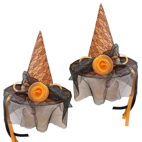 Halloween Party Hexenhut Orange Schwarz Netzschleier Spitze Blumen Kostüm Kopfschmuck Zaubererhut Für Damen Cosplay Deko