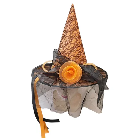 Halloween Party Hexenhut Orange Schwarz Netzschleier Spitze Blumen Kostüm Kopfschmuck Zaubererhut Für Damen Cosplay Deko