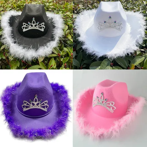 Western Cowboy Hat For Women With Rhinestone Crown Feather Trim Spice Girl Style Cowgirl Hat For Party Carnival Ball Headwear