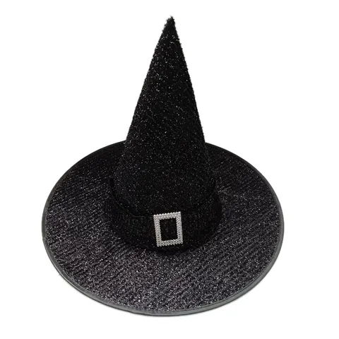 Chapeau de Sorcière d'Halloween Chapeau de Magicien Noir Accessoire de Costume Avec Boucle en Strass Paillettes Pointu Large Bord Casquette Décorative de Fête