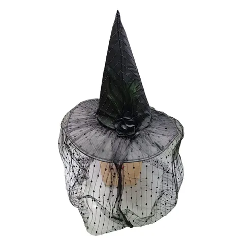 Cappello da Strega in Pizzo di Halloween Con Velo a Rete Rosa Piuma Cappello da Mago Sexy per Donna Accessori per Costumi da Festa