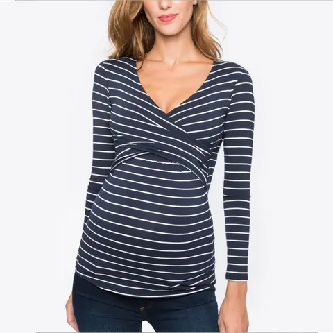 Maternity Nursing Top Striped Long Sleeve V-Neck Polyester Shirt For Pregnant Women Autumn Casual Nursing Top