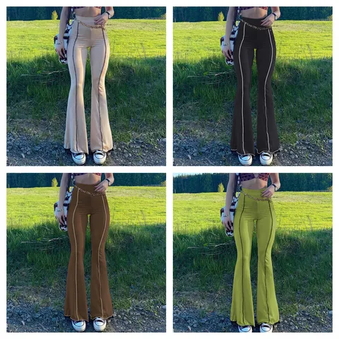 Women's High Waisted Micro Flare Pants Solid Color Decorative Seam Slim Fit Casual Bell Bottom Trousers Fashion Outdoor Streetwear