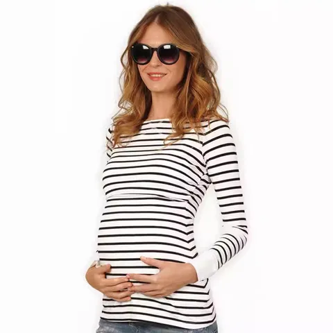 Women Maternity Nursing T-Shirt Striped Long Sleeve Crew Neck Breastfeeding Top For Pregnancy Casual Polyester Maternity Clothes
