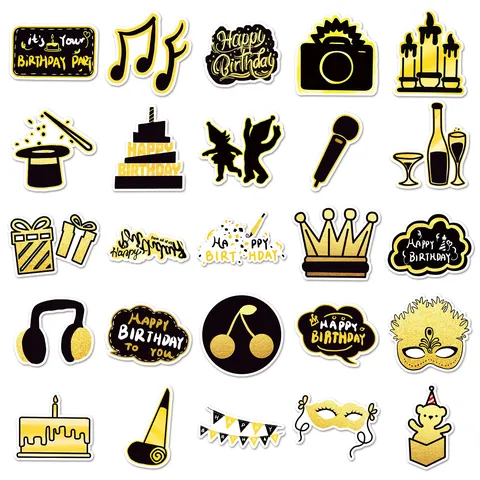 Autocollants Graffiti de Fête d'Anniversaire Noir Or Imperméable PVC DIY pour Coque de Téléphone Bouteille d'Eau Bagages