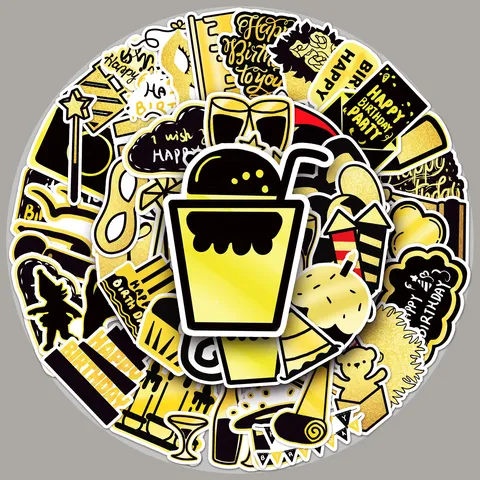 Autocollants Graffiti de Fête d'Anniversaire Noir Or Imperméable PVC DIY pour Coque de Téléphone Bouteille d'Eau Bagages