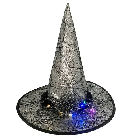 Halloween Glowing Sequin Witch Hat With LED Lights Spider Web Pattern Mesh Flower Decoration For Party Prom Women Gift
