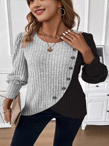 Women's Knitted T-Shirt Ribbed Color Block Long Sleeve Crew Neck Top With Button Crossover Hem Soft Polyester Casual Top