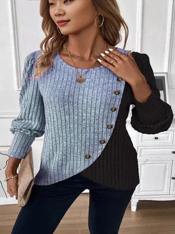 Women's Knitted T-Shirt Ribbed Color Block Long Sleeve Crew Neck Top With Button Crossover Hem Soft Polyester Casual Top
