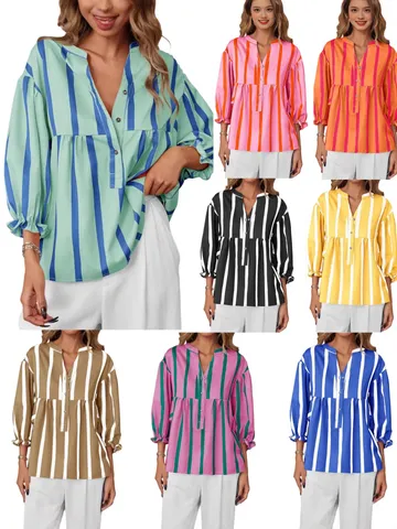 Women Casual V-Neck Striped Polyester Blouse Long Bubble Sleeve Loose Button-Down Fashion Shirt Top