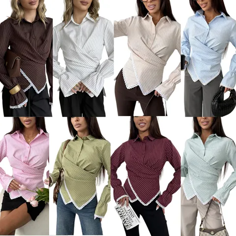 Women Casual Striped Long Sleeve Blouse Fashion Cross Waist Turn Down Collar Lace Trim Shirt Female Elegant Tops