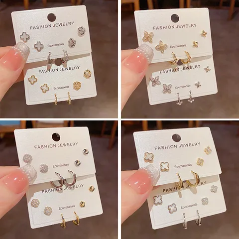 Eco Friendly Copper Rhinestone Stud Earrings Set Real Gold Plated Geometric Flower Hoop Earrings For Women Fashion Jewelry