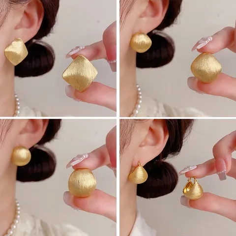 French Vintage Style Copper Brushed Metal Stud Earrings For Women Gold Silver Plated Geometric Fashion Jewelry Earrings