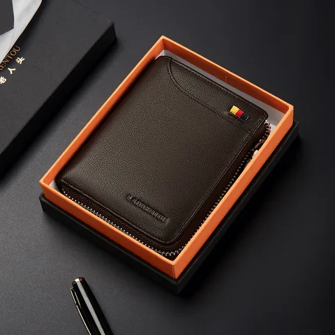 Portafoglio in Vera Pelle da Uomo Breve Portacarte d'Affari Portamonete con Cerniera Portafoglio Minimalista Moda Retro Scatola Regalo