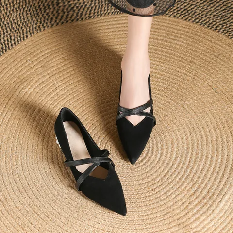 Scarpe Mary Jane da Donna a Punta Francese Casual Tacco Basso Largo Décolleté con Perle Tessuto Nero Scarpe da Lavoro