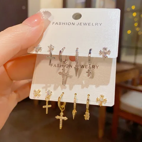 Fashion Copper Rhinestone Cross Earring Set Real Gold Plated Geometric Huggie Hoop Earrings Punk Dangle Drop Earrings For Women