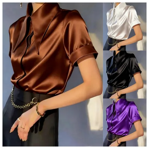 Women Casual Satin Short Sleeve Blouse Solid Color Turn Down Collar Button Up Top Elegant Fashion Summer Shirt
