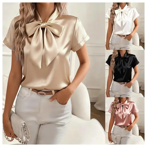 Women's Short Sleeve Satin Bow Tie Neck Blouse Solid Color Elegant Commuting Shirt Top