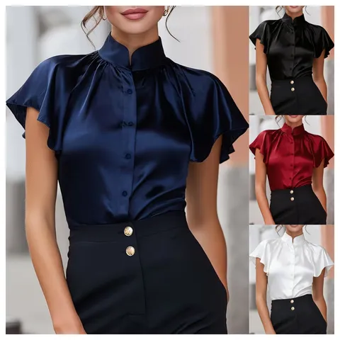 Women's Casual Stand-Up Collar Flutter Sleeve Solid Color Polyester Blouse Summer Minimalist Commuting Button Shirt