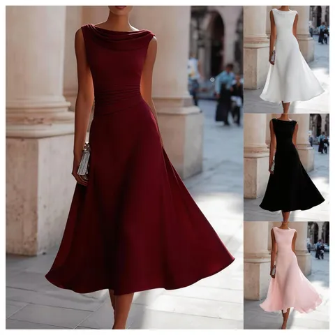 Women's Elegant Summer Midi Dress Casual Sleeveless Cowl Neck High Waist Slimming Flared Long Evening Party Dress