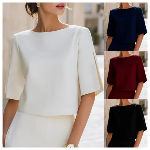Women's Minimalist Commuter Round Neck Split Half Sleeve Short Blouse Solid Color Polyester Top