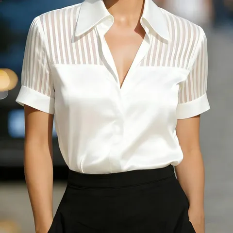 Women's Elegant Commuter V-Neck Satin Splicing Sheer Striped Short Sleeve Casual Blouse Top Fashion Apparel