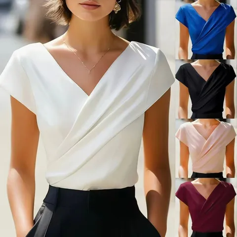 Women Casual Polyester V Neck Short Sleeve Slim Fit Solid Color Blouse Summer Fashion Basic Commuter Top
