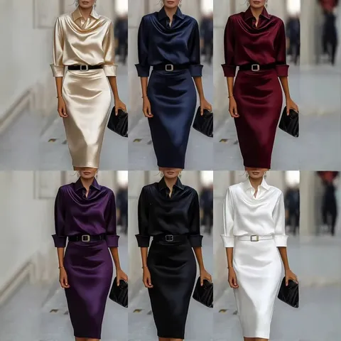 Women's Elegant Long Sleeve Satin Midi Dress Turn-Down Collar Slim Fit Office Commuting Dress With Belt