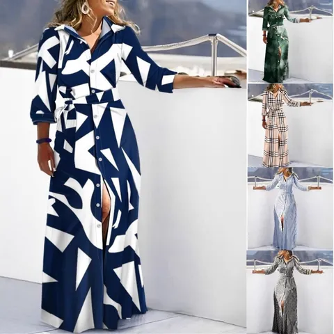 Women's Long Sleeve Printed Shirt Dress Long Maxi Dress Casual V-Neck Button Down Belted Loose Fit Polyester Apparel