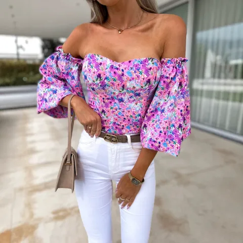 Women's Casual Off-Shoulder Long Sleeve Floral Print Blouse Sexy Boat Neck Slim Fit Pullover Top Fashion Streetwear