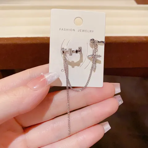 Polsino per Orecchio con Nappa a Catena a Croce in Rame di Moda per Donna Orecchini a Clip con Strass Punk Gioielli