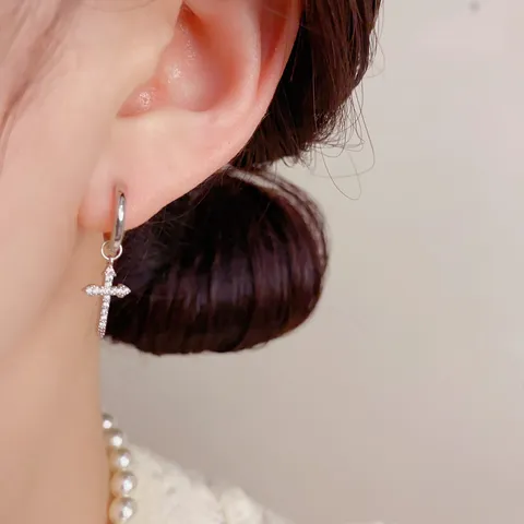 Fashion Copper Rhinestone Cross Earring Set Real Gold Plated Geometric Huggie Hoop Earrings Punk Dangle Drop Earrings For Women